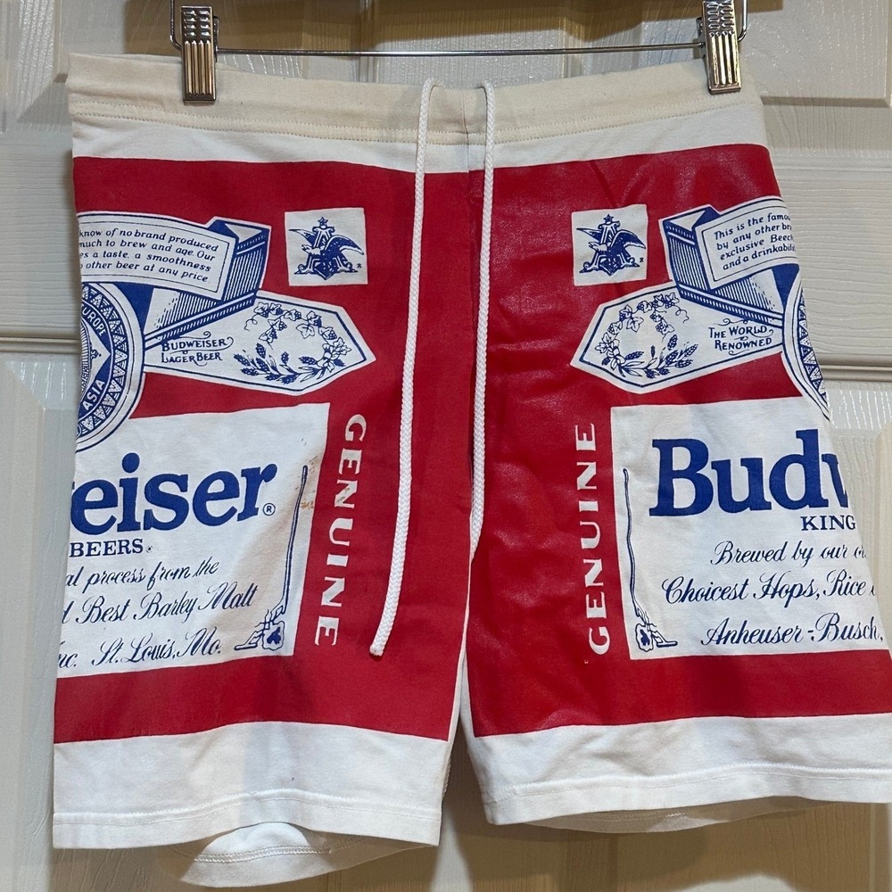Vintage Endless Road Budweiser Beer Label Shorts XL Made in USA Red White Blue